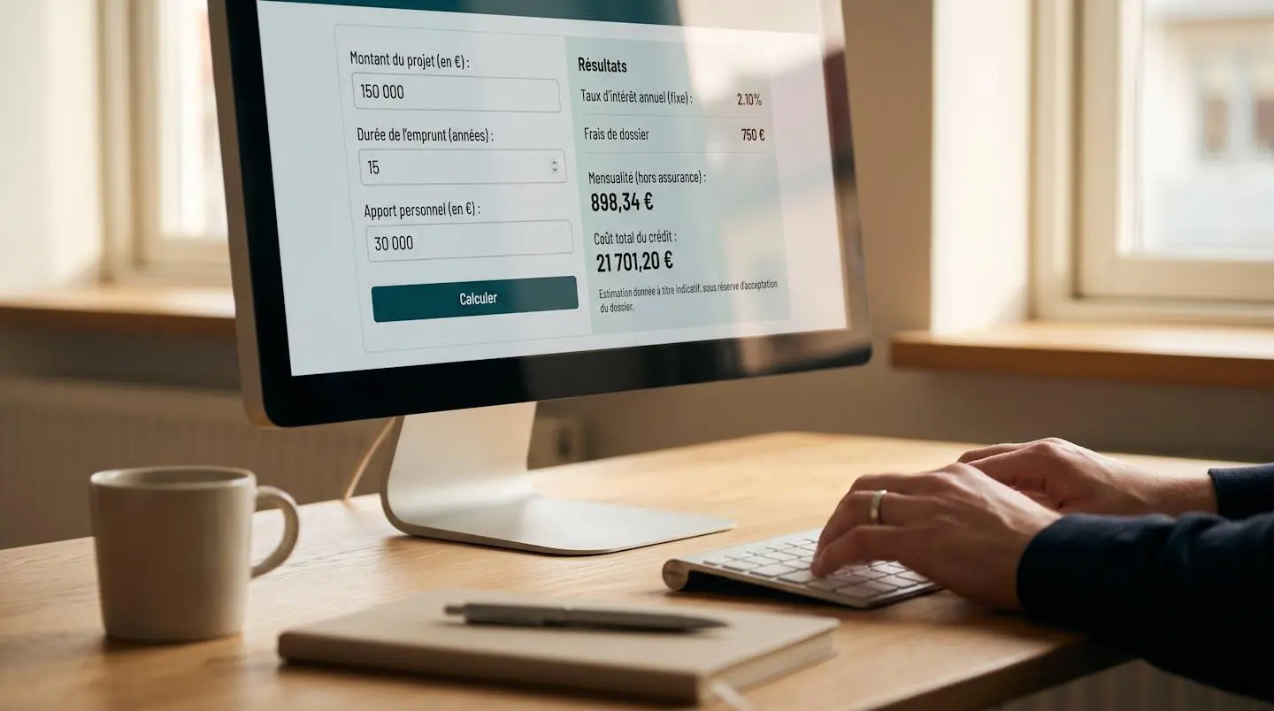Écran d'ordinateur affichant l'interface d'un simulateur de crédit professionnel avec champs de saisie et résultats d'estimation en français, mains sur clavier en arrière-plan