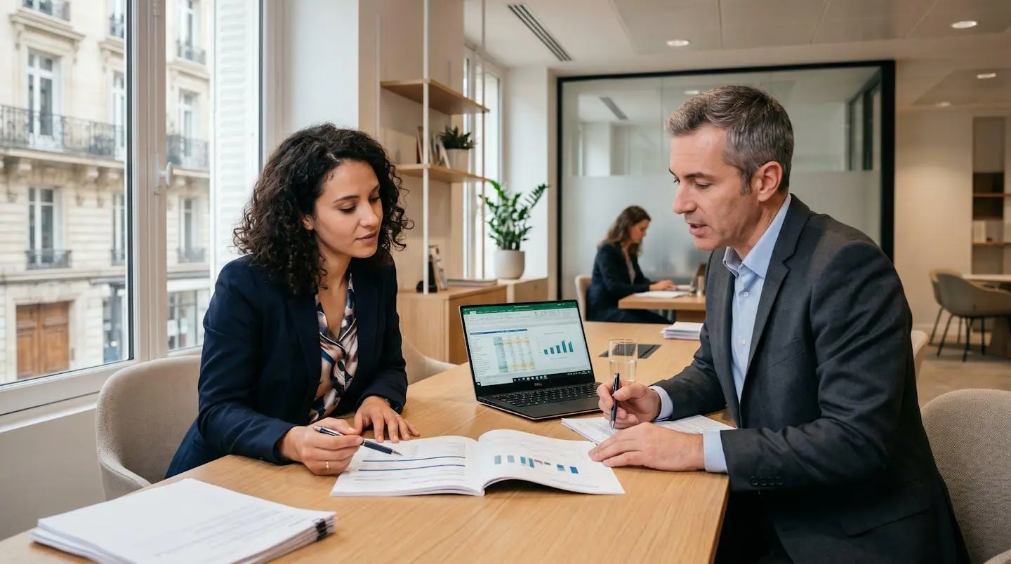 Entrepreneur et conseiller bancaire en réunion professionnelle dans un bureau de banque français, documents de financement sur la table, ordinateur portable ouvert, atmosphère collaborative