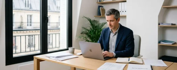 Entrepreneur français dans un bureau moderne lumineux travaillant sur un ordinateur portable avec des documents de financement professionnel sur le bureau, lumière naturelle, architecture urbaine française visible par la fenêtre