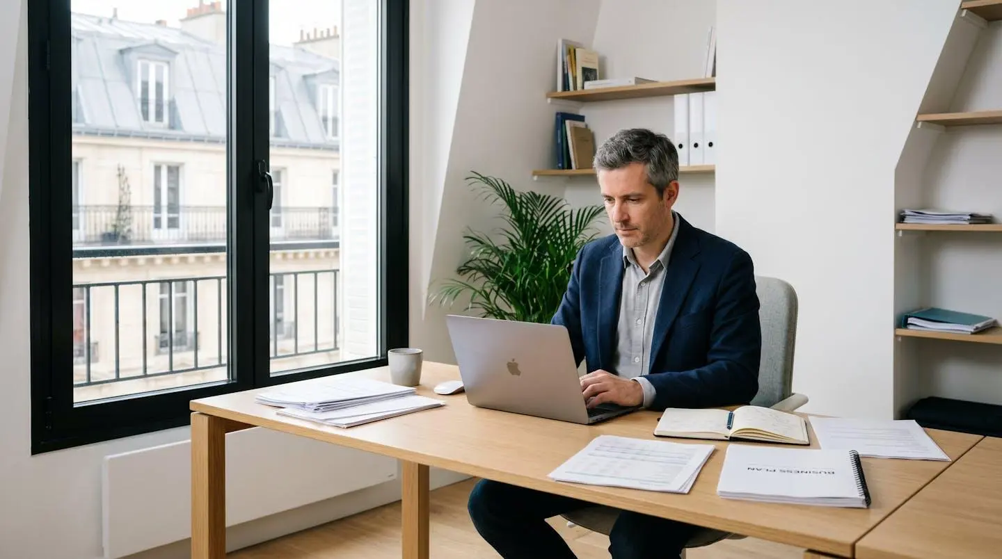 Entrepreneur français dans un bureau moderne lumineux travaillant sur un ordinateur portable avec des documents de financement professionnel sur le bureau, lumière naturelle, architecture urbaine française visible par la fenêtre