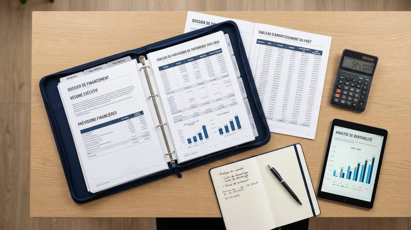 Vue aérienne d'un bureau avec dossier de financement professionnel organisé, documents financiers en français, calculatrice et tablette affichant graphiques, composition ordonnée