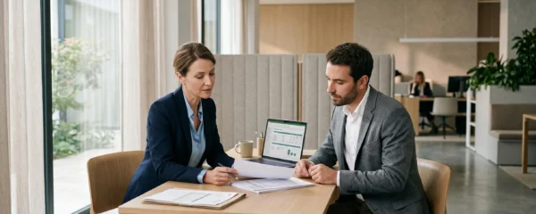 Conseiller bancaire et client examinant ensemble des documents de crédit immobilier dans un bureau d'agence contemporaine, lumière naturelle, atmosphère professionnelle et rassurante