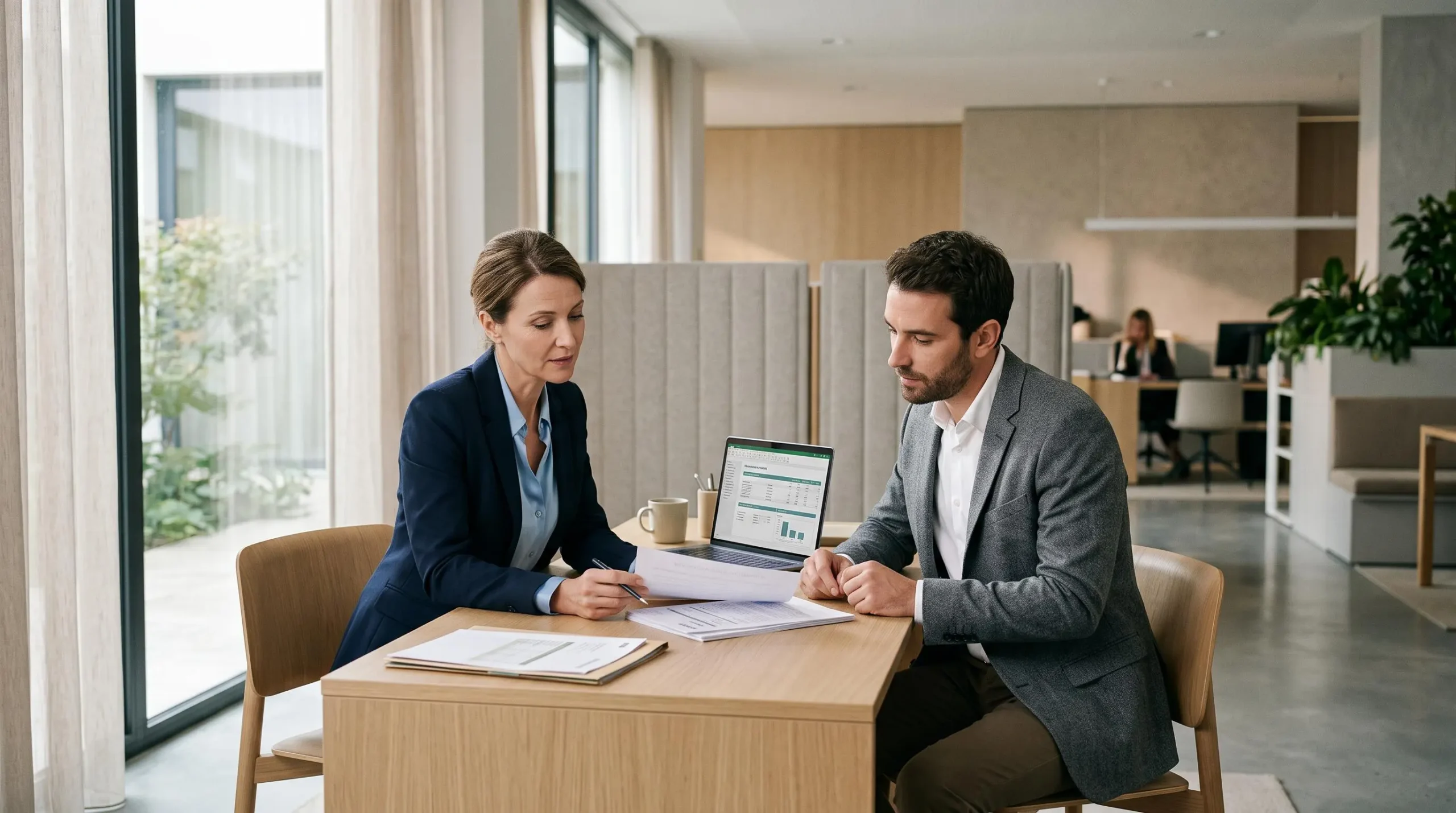 Conseiller bancaire et client examinant ensemble des documents de crédit immobilier dans un bureau d'agence contemporaine, lumière naturelle, atmosphère professionnelle et rassurante