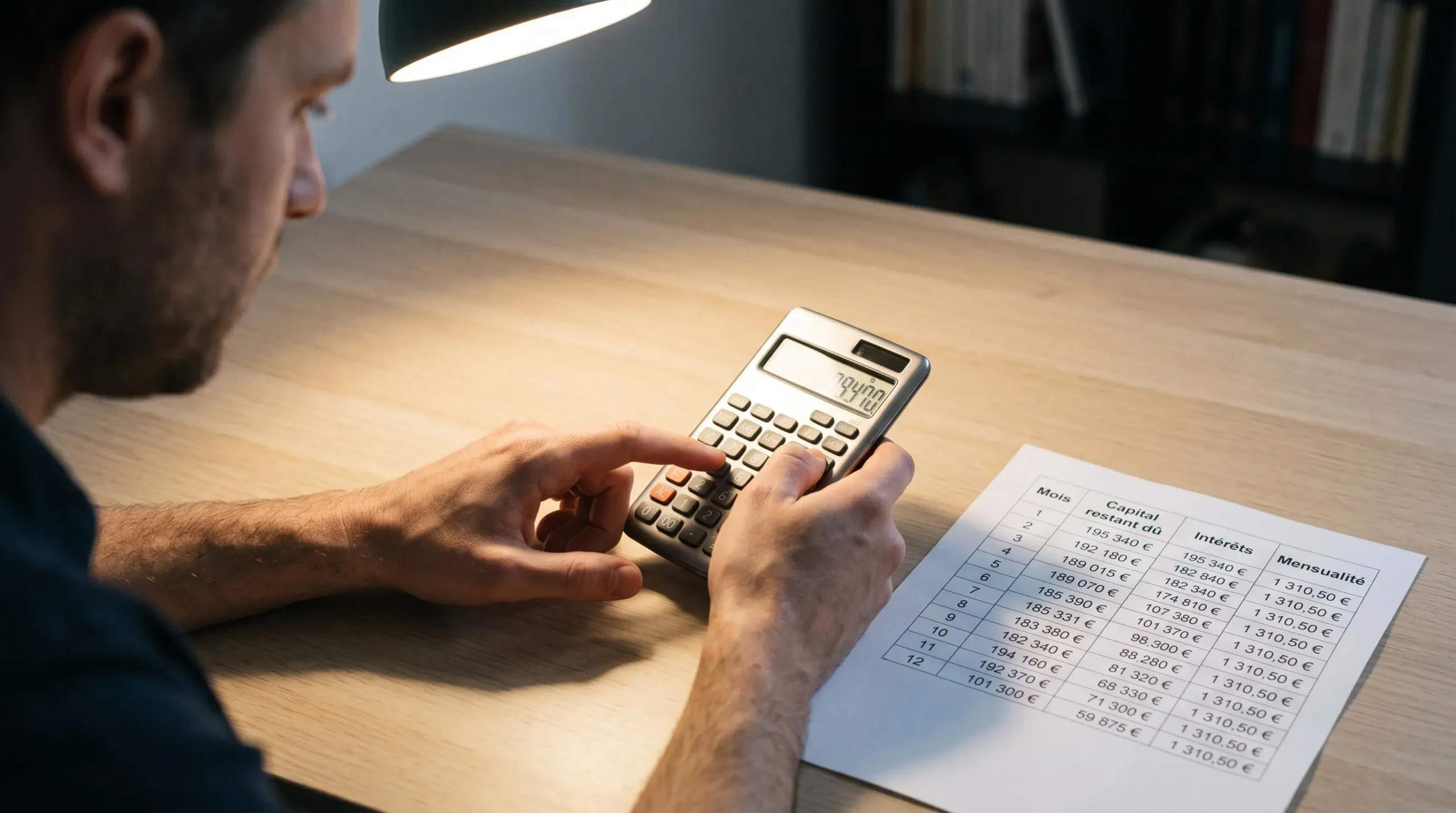 Gros plan sur mains utilisant une calculatrice à côté d'un tableau d'amortissement de crédit français imprimé, éclairage concentré de lampe de bureau, atmosphère de calcul financier précis