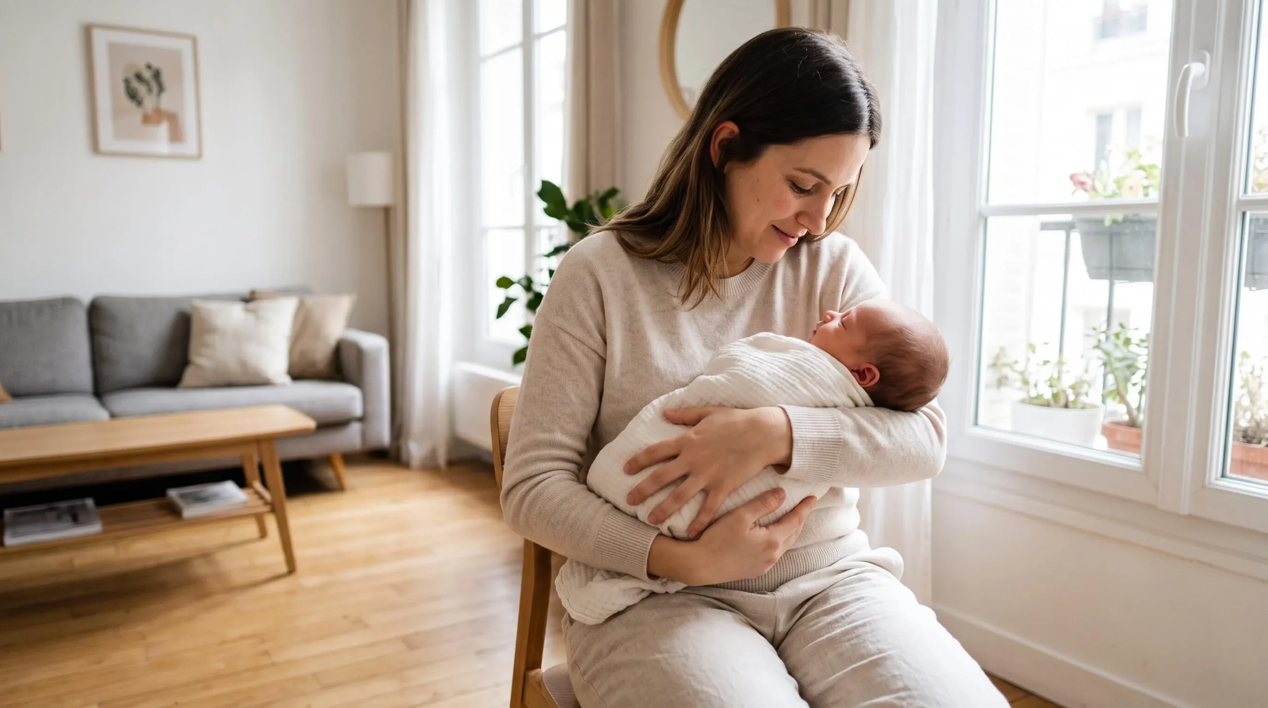 Jeune mère tenant son nouveau-né dans un salon lumineux d'appartement contemporain français, lumière naturelle douce, mobilier scandinave épuré